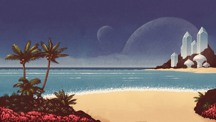TWRP album cover art with beach and futuristic city