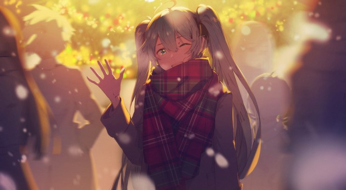 Anime girl with twintails and scarf waving
