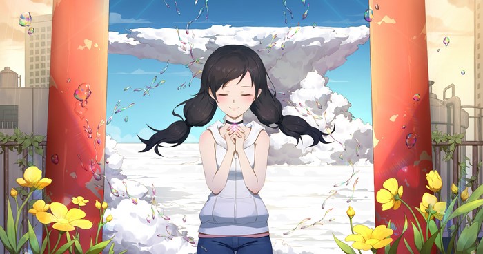 Hina Amano from Tenki no Ko with clouds and flowers
