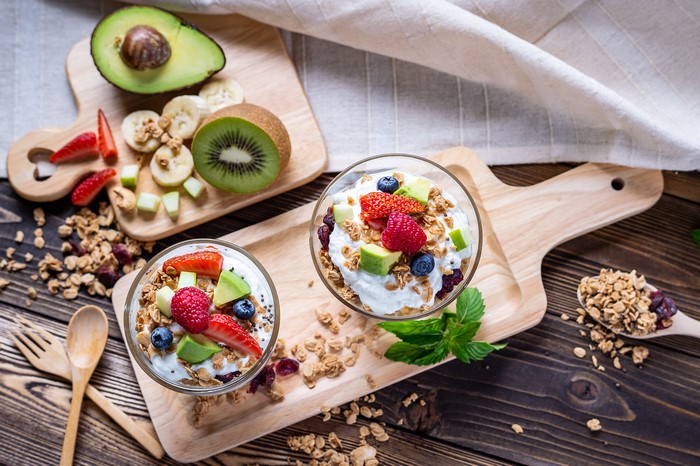 Healthy breakfast with granola and fruits
