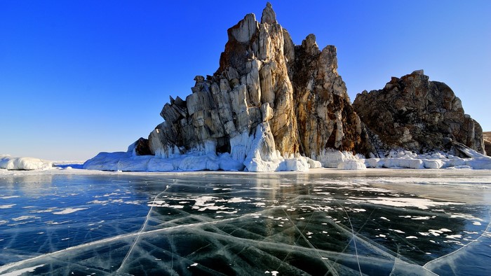 Frozen Lake Baikal with Rocky Islands and Clear Blue Sky