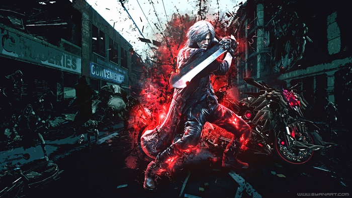 Dante from Devil May Cry 5 with his motorcycle