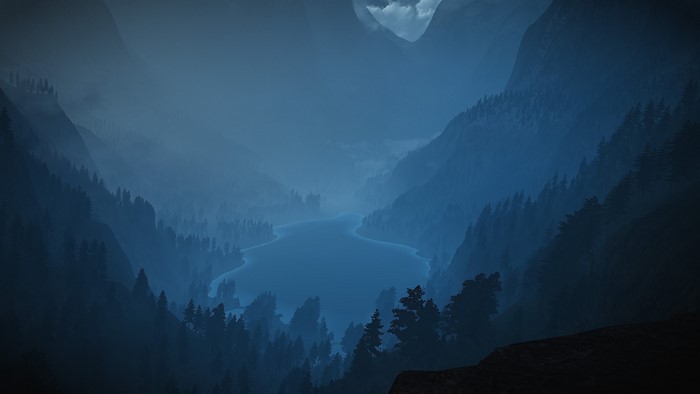 4K dark mountains and lake with clouds