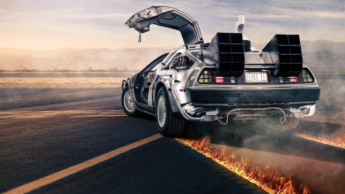 DeLorean time machine on fire