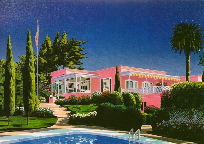 Pink house with pool and palm tree, 1980s painting