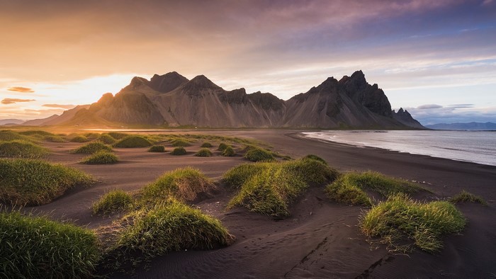 Vestrahorn mountains and black sand beach at sunset, Iceland