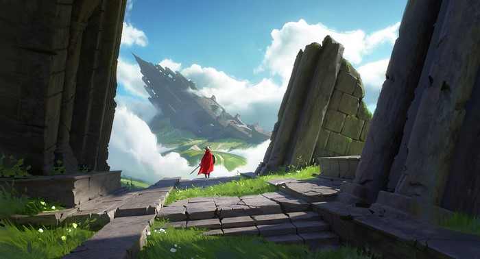 4K, grass, fantasy art, clouds, ruins, Quentin Mabille, knight, HD ...