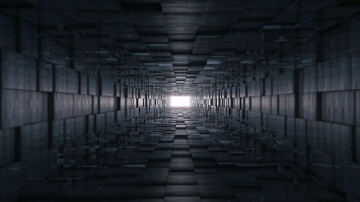 Abstract 3D tunnel with geometric blocks and light