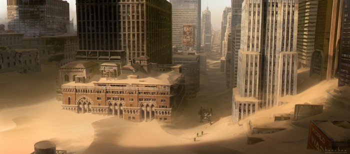 Dystopian city covered in sand with buildings