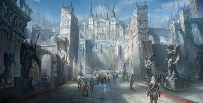 Fantasy castle with angelic statues and crowds