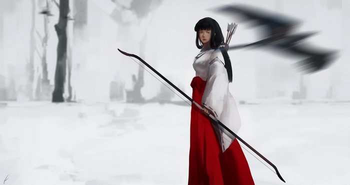 Kikyo from Inuyasha with bow and arrows in snow
