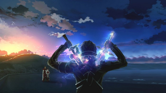 Kirito from Sword Art Online with dual swords at sunset