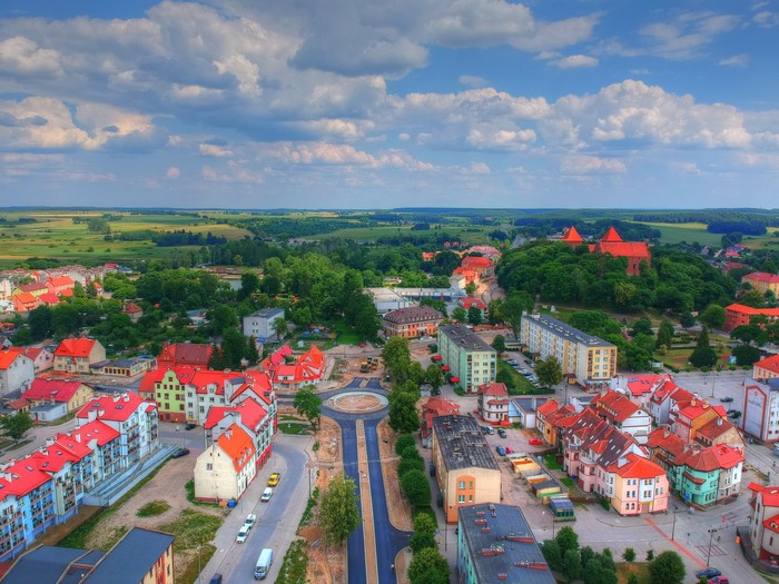 Aerial view of Nidzica, Poland with castle and roundabouts