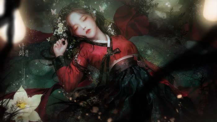 Anime girl in traditional Korean hanbok sleeping