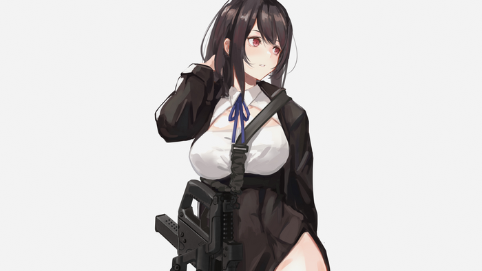 Anime girl with dark hair and red eyes holding a rifle