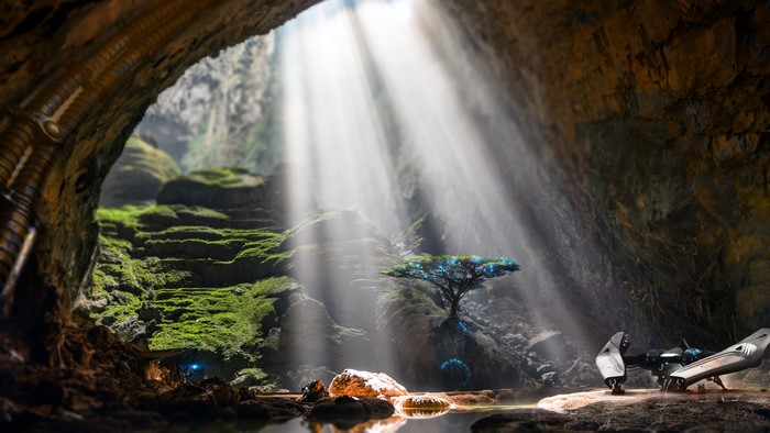 Artwork of a cave with sun rays and a spaceship