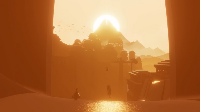 Journey game desert landscape with sun and ruins