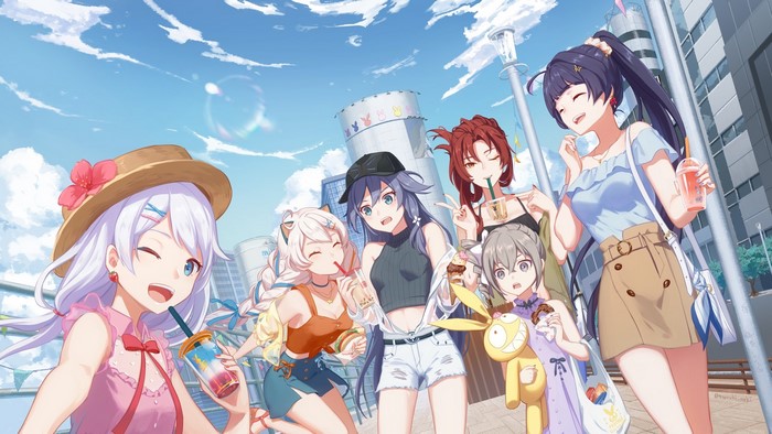 Anime girls from Honkai Impact 3rd enjoying drinks