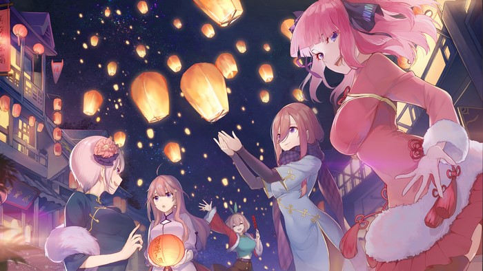 5-toubun no Hanayome characters releasing sky lanterns