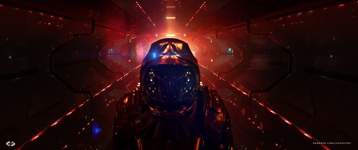Astronaut in a futuristic red corridor