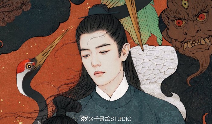 Xiao Zhan in traditional Chinese art style with crane and demon