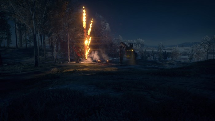 Generation Zero screenshot of a burning tree and a robot at night