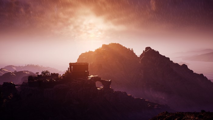 4K screenshot from Assassin's Creed: Odyssey with rain and sunset