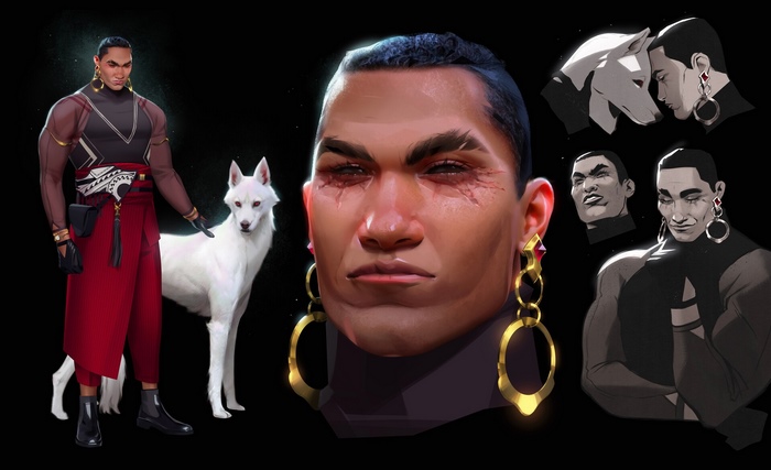 Man with white wolf and various portraits