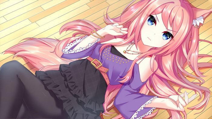Anime girl with pink hair and blue eyes lying down