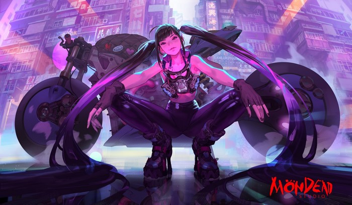 Cyberpunk anime girl with pigtails and gas mask