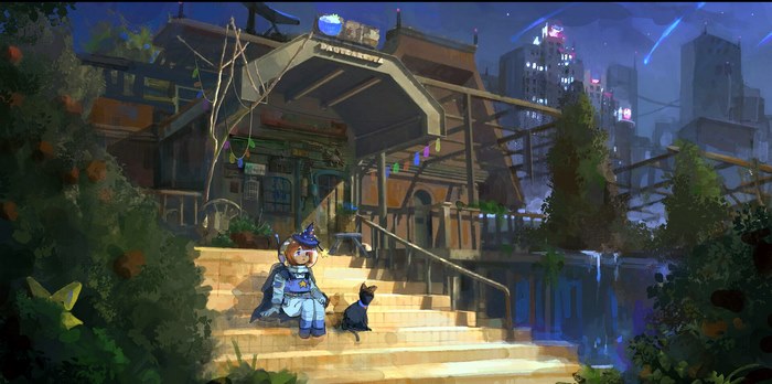 A witch and a cat sit on steps in front of a building