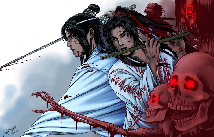 Lan Zhan and Wei Ying with bloody zombies