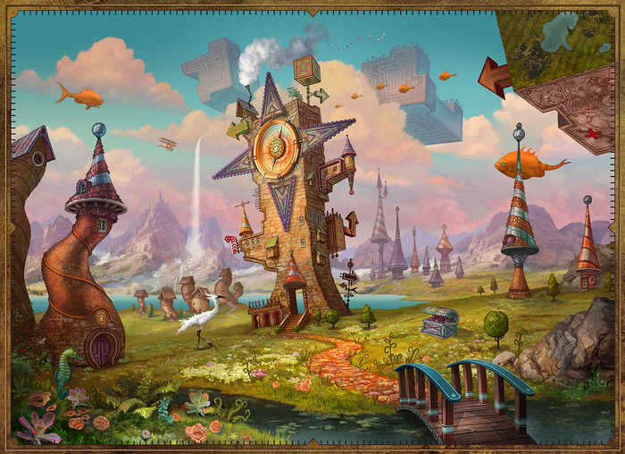 Fantasy Steampunk Village with Clock Tower and Flying Fish