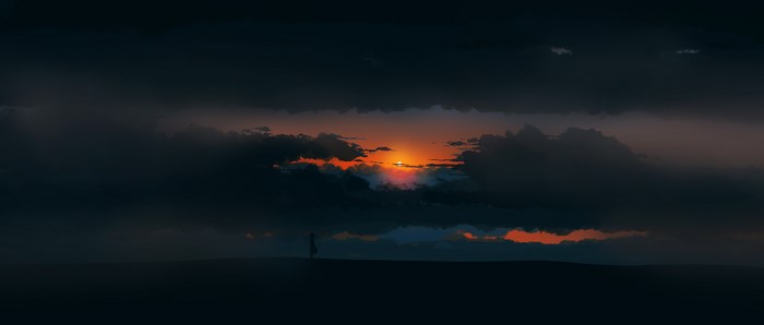 Dark Sunset Landscape with Solitary Figure