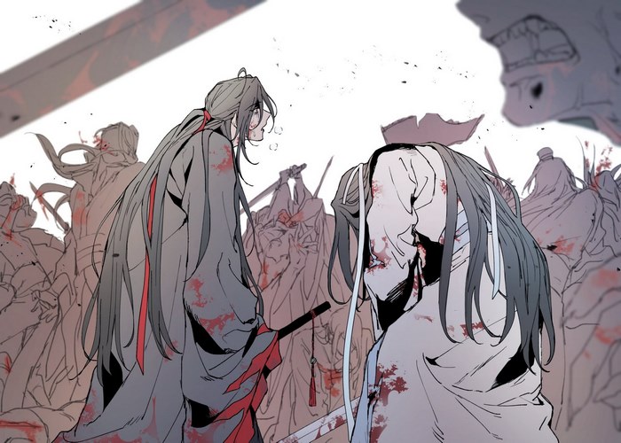 Wei Ying and Lan Zhan in a bloody battle