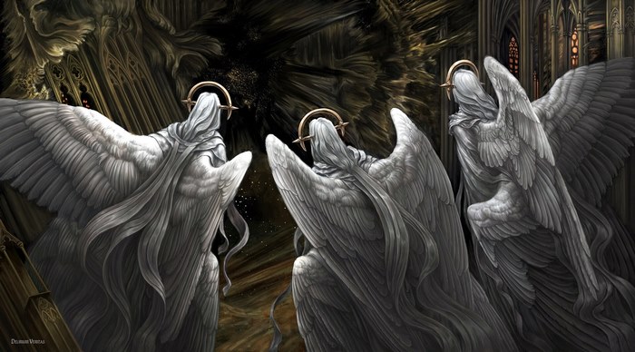 Three fantasy angels in a dark cathedral