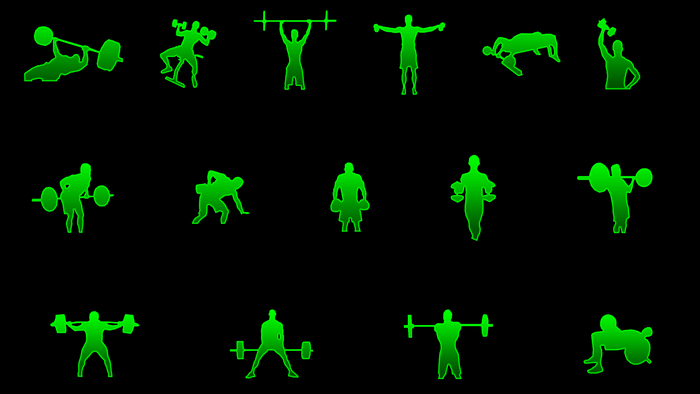 Green silhouettes of people exercising with weights