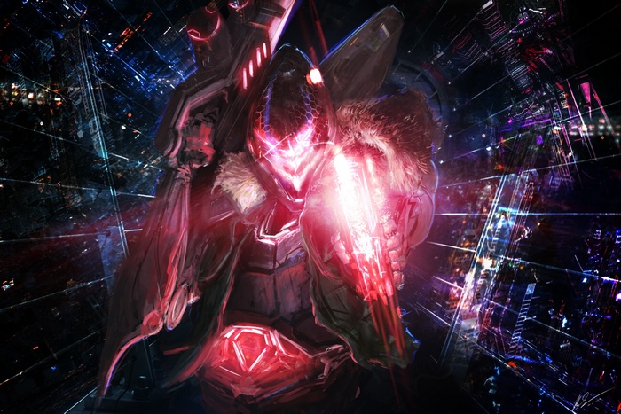 Jhin from League of Legends in a futuristic city