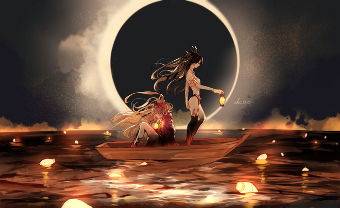 Two anime girls in a boat during an eclipse