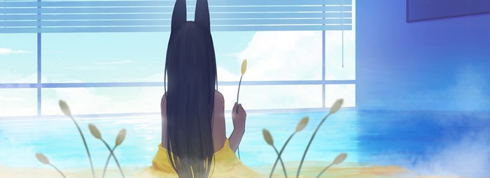 Anime girl with black hair and cat ears by the water