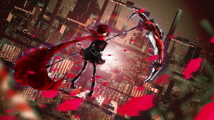 Ruby Rose from RWBY with Crescent Rose in a city