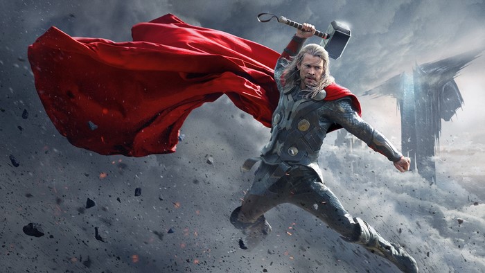Thor from Marvel with Mjolnir amid debris