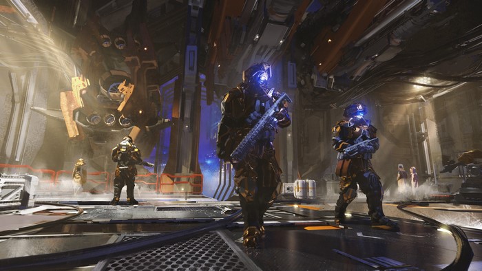 Futuristic soldiers in a sci-fi hanger
