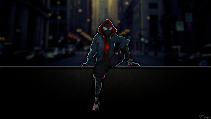 Miles Morales from Spider-Man sitting on a ledge at night