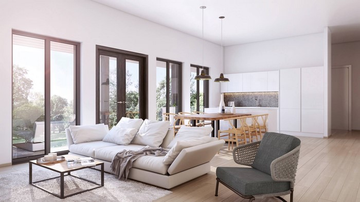 Modern living room with kitchen and large windows