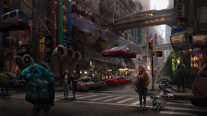 Futuristic cyberpunk city street with flying cars and robots