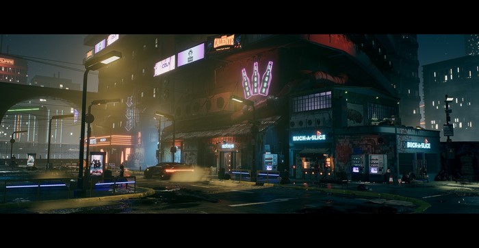 Cyberpunk street with neon lights and stores
