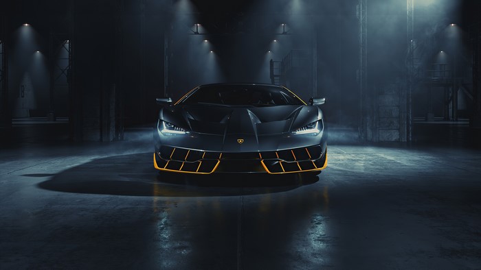 Lamborghini Centenario frontal view in a dark garage