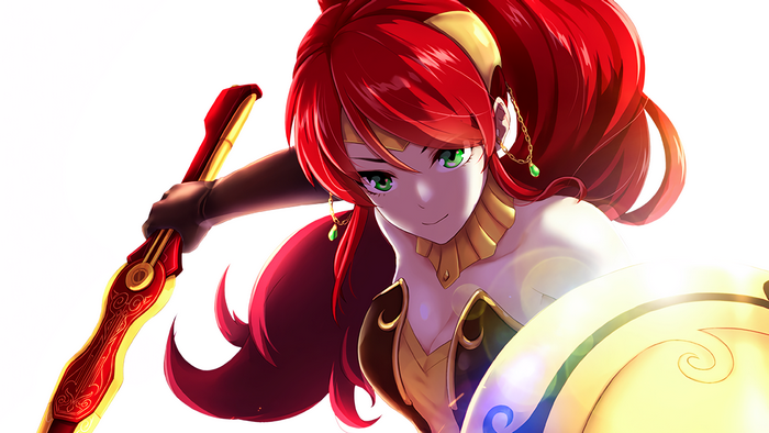 Pyrrha Nikos from RWBY holding Miló