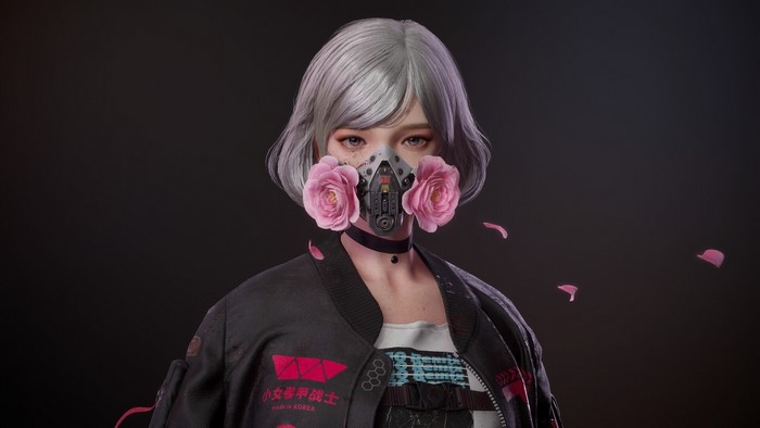 Cyberpunk girl with silver hair and flower mask